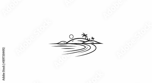Black and white vector illustration of a tropical island with palm trees, sun, and ocean waves