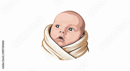 Close-up illustration of a newborn baby's head with wide eyes, swaddled in a textured brown blanket