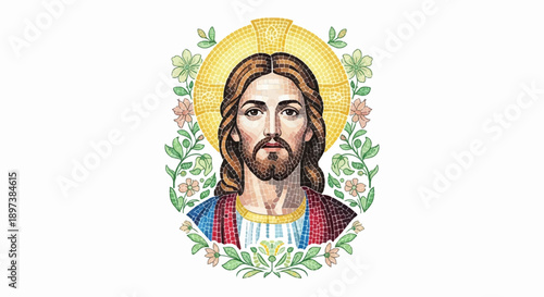 Mosaic-style portrait of a revered bearded figure with a halo, framed by flowers and leaves on white