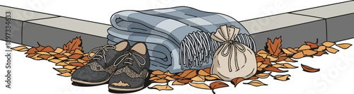 Autumn scene with stylish shoes, a cozy plaid blanket, and a small bag nestled among fallen leaves by a curb