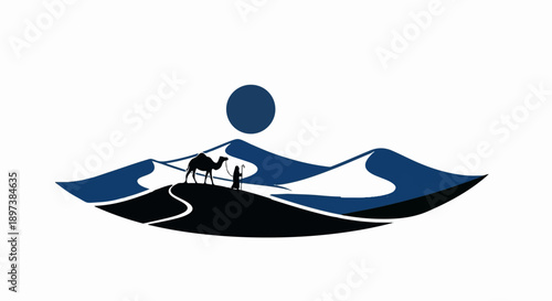 Stylized desert scene with silhouettes of dunes, a circular sun, a camel, and a robed figure holding a staff