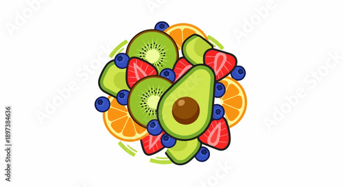 Vibrant illustration of a colorful cluster of sliced fruits kiwi, avocado, orange, strawberries, blueberries