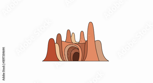 Stylized cartoon hills and a deep cave entrance in earthy tones, isolated on a white background