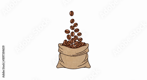 Illustration of numerous brown roasted coffee beans falling into a textured burlap sack
