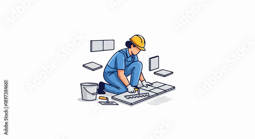 Illustration of a worker in blue overalls and a yellow hard hat kneeling to lay tiles with a trowel