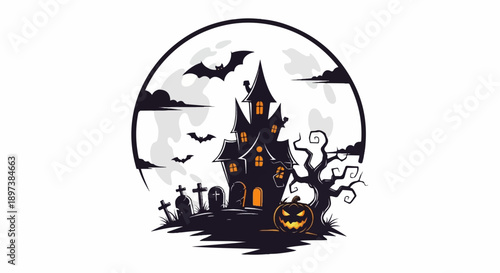 An illustration of a spooky haunted house scene with bats, a pumpkin, and gravestones under a full moon