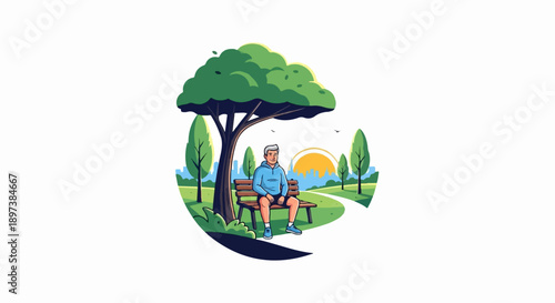 An older man rests on a park bench under a large tree, with a cityscape and sunrise in the background