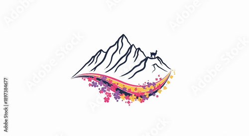 Stylized mountain range with a llama on a peak, above a vibrant, flowing band of abstract flowers