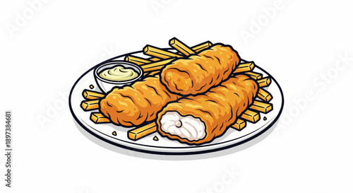 Plate of golden fried fish sticks, crispy fries, and a small bowl of tartar sauce illustration