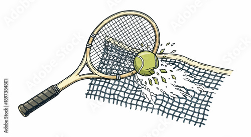 Illustration of a tennis racket hitting a ball forcefully, tearing through a tennis net mid-match
