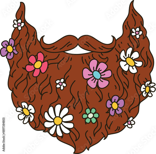 Cartoon groovy hippie beard with daisy flowers for peace and love, vector symbol. Retro groovy funky symbol of lumberjack beard and mustaches mask in hippie art with daisy or chamomile flowers
