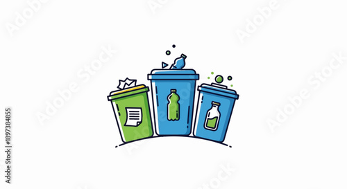 Cartoon illustration of three colored recycling bins, green and blue, containing various recyclable waste items