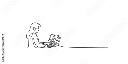 A single line drawing of a woman working on her laptop with a chart on screen Vector, illustration