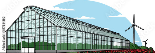 Illustrated long glass greenhouse with green plants inside, flanked by wind turbines and a field of red flowers