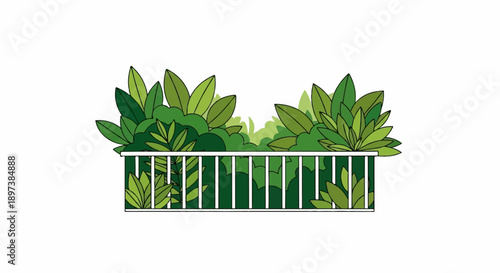 Illustration of a green leafy plant arrangement in a simple white and dark green planter box