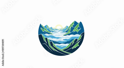 Stylized mountain valley with mist, pine trees, and a sunrise, rendered in geometric shapes and cool colors
