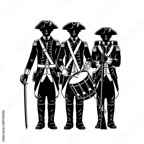 Colonial Military Drummers Illustration – Historical Soldier Musicians Silhouette for Heritage & History Design