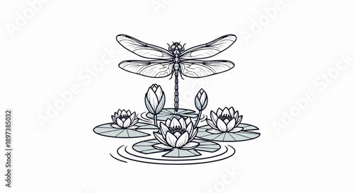 Stylized dragonfly illustration hovering above a pond with water lilies and lily pads, black outlines