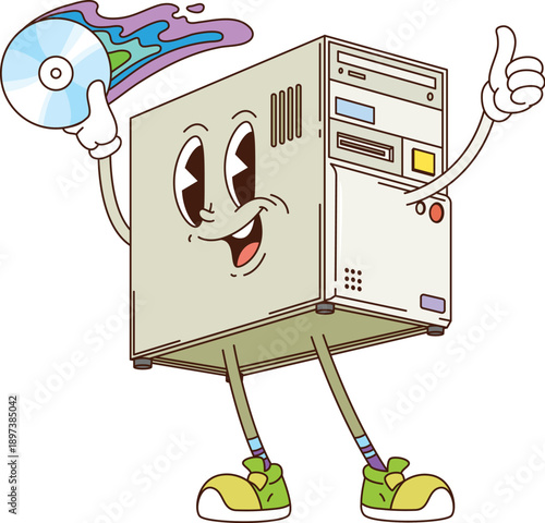 Groovy computer PC cartoon character with funny face and funky smile, vector comic. Groovy old retro desktop PC computer with CD disk and thumb up gesture for Y2K digital device cartoon character