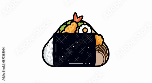 Stylized illustration of an onigiri rice ball wrapped in seaweed, topped with tempura shrimp, egg, and noodles
