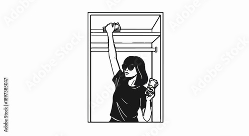 Stylized woman in sunglasses extracting money from a closet shelf, holding a wad of cash