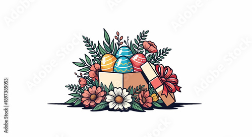 An open gift box overflowing with vibrant flowers and beautifully decorated eggs, symbolizing spring festivities