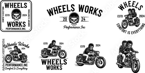 Vintage motorcycle club badge collection featuring skull in helmet and bikers riding classic motorbikes vector set.