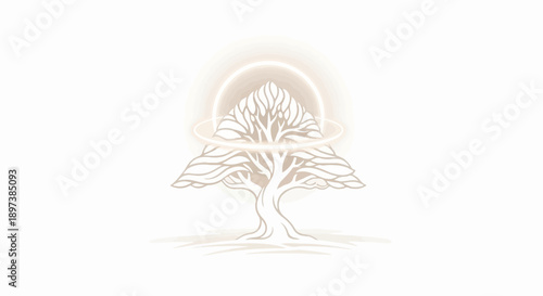 Stylized tree illustration with an ethereal glowing light ring above its crown, rendered in neutral tones