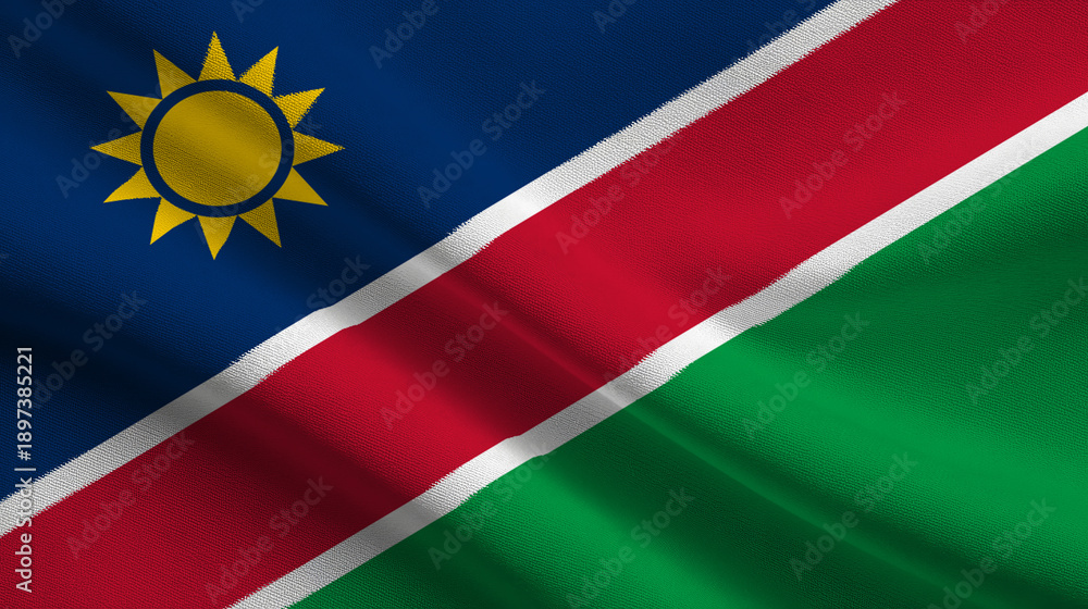 Fototapeta premium The flag of Namibia showcases a vibrant design with blue, red, green, and yellow colors, representing the country's sovereignty and unique identity, proudly displayed against a clear sky.