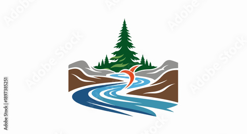 Vibrant illustration river winding through a mountainous forest, with a stylized orange fish leaping