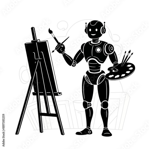 Creative Robot Artist Illustration – AI Painting on Easel for Art, Technology & Innovation Design