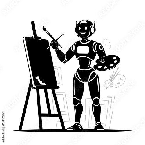 Creative Robot Artist Illustration – AI Painting on Easel for Art, Technology & Innovation Design