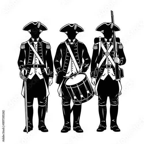 Colonial Military Drummers Illustration – Historical Soldier Musicians Silhouette for Heritage & History Design