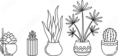 Set of Five Minimalist Potted Plant Line Art Vector Illustrations Featuring Succulents Cactus and Houseplants in Decorative Pots for Design,