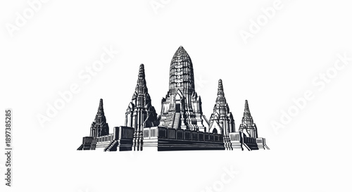 An intricate black and white illustration of an ancient Asian temple complex with multiple spires