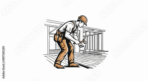 An illustration of a construction worker in a hard hat and overalls, hammering a nail into wood framing