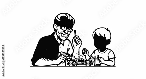 An adult with glasses and a child assemble a toy car with tools. Learning, bonding, DIY project