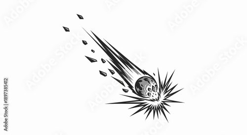 Stylized black and white illustration of a meteor or asteroid impacting with debris and an explosive burst