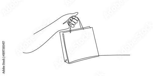 A minimalist continuous line drawing depicting a hand holding a shopping bag Vector, illustration