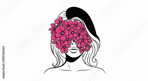 An illustration of a woman's face from the neck up, her eyes covered by vibrant pink flowers