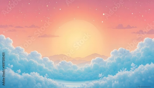 dreamy winter snowy forest landscape with pastel clouds and soft glowing sun background