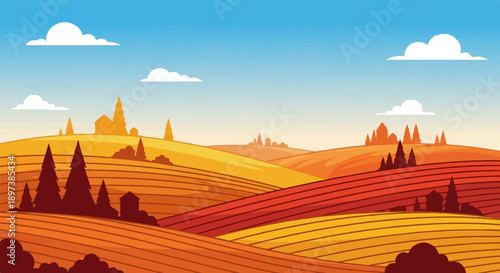 Stylized pixel art landscape of rolling agricultural fields and hills with trees under a blue sky