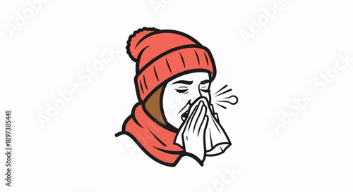 Illustration of a person in a red beanie and scarf, sneezing into a tissue, looking unwell