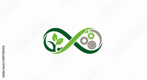 Green infinity symbol blending natural growth with industrial gears and arrows, signifying sustainability