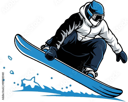 An energetic illustration of a snowboarder in blue and white gear, leaping over snow spray