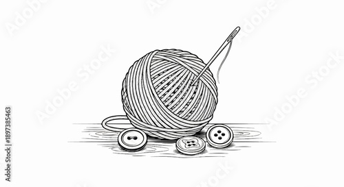 Black and white drawing of a yarn ball with a threaded needle and three buttons on a wooden surface