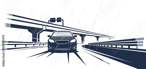 Illustration of a dark car driving on a wet highway under an overpass in heavy rain, dynamic perspective
