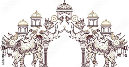 Ornate archway formed by two decorated elephants adorned with traditional instruments and architectural elements