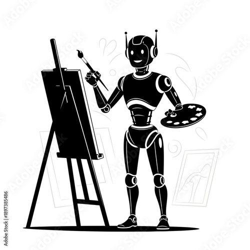 Creative Robot Artist Illustration – AI Painting on Easel for Art, Technology & Innovation Design