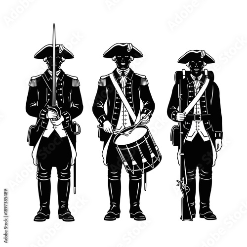 Colonial Military Drummers Illustration – Historical Soldier Musicians Silhouette for Heritage & History Design